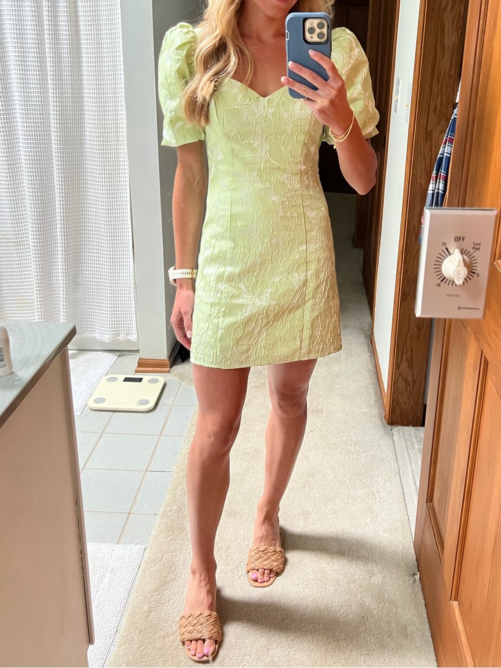 Lulu's Light Green Floral Jacquard Puff Sleeve Mini Dress